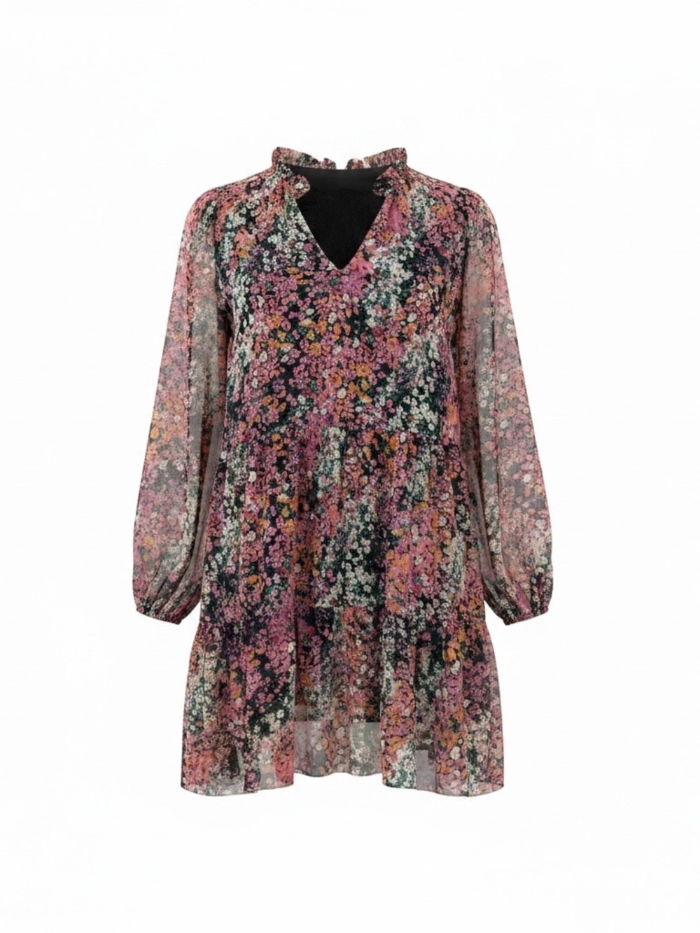 Vince Camuto Pink Multi Floral Long-Sleeve Tiered Dress